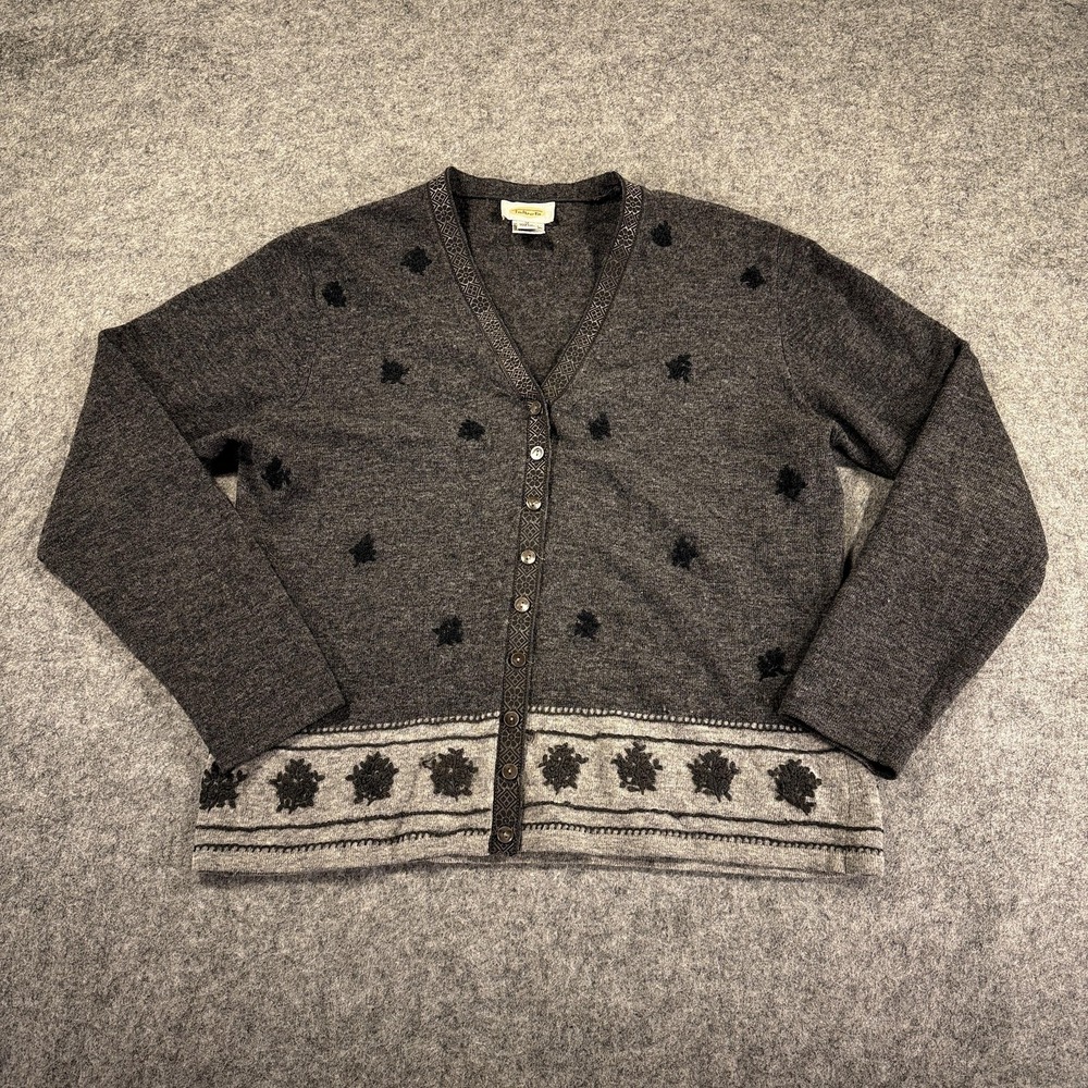 Vtg Talbots Sweater Womens Medium Gray Lambswool Cardigan Floral Holiday Cottage